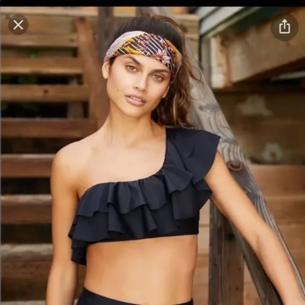 Anthropologie Maeve Julie One-Shoulder Ruffle Bikini Top Black Small NWOT